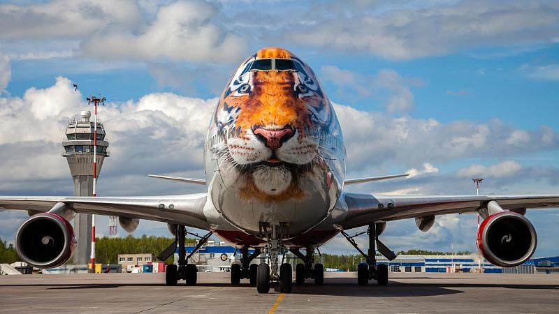 Boeing 747 (EI-XLD) в специальной тигриной ливрее.